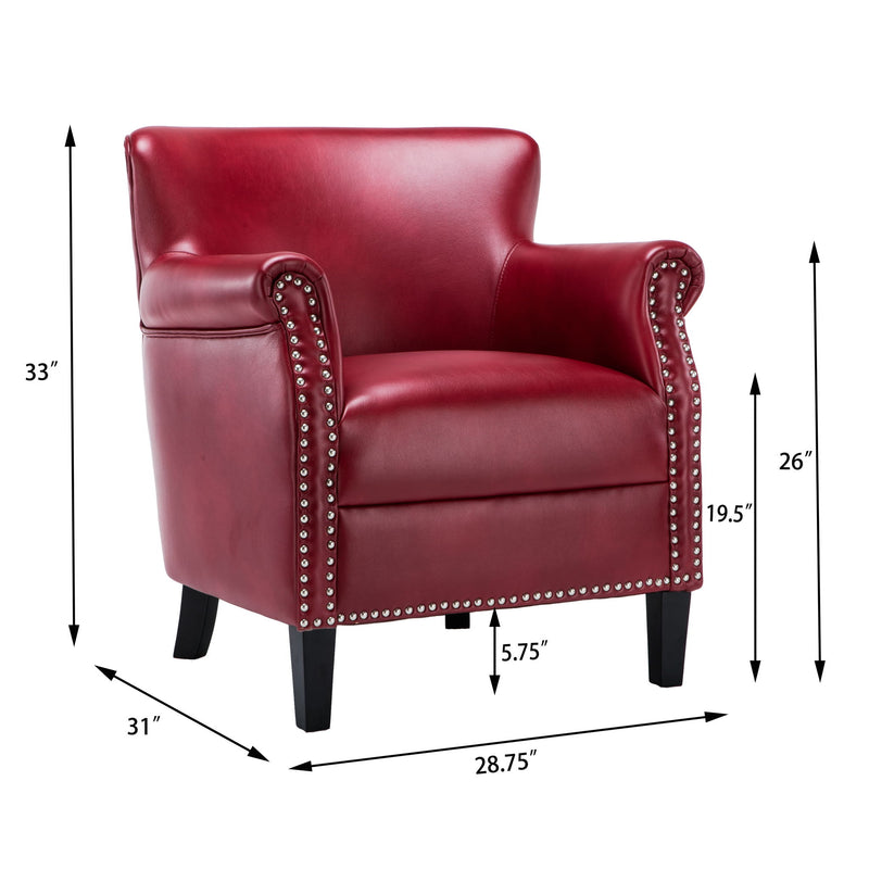 Hadley red club chair with nailhead trim, rounded arms, upholstered seat and backrest
