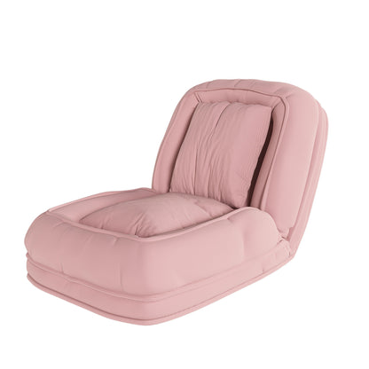 Pink foldable sofa bed lounge chair with padded backrest and two seat cushions