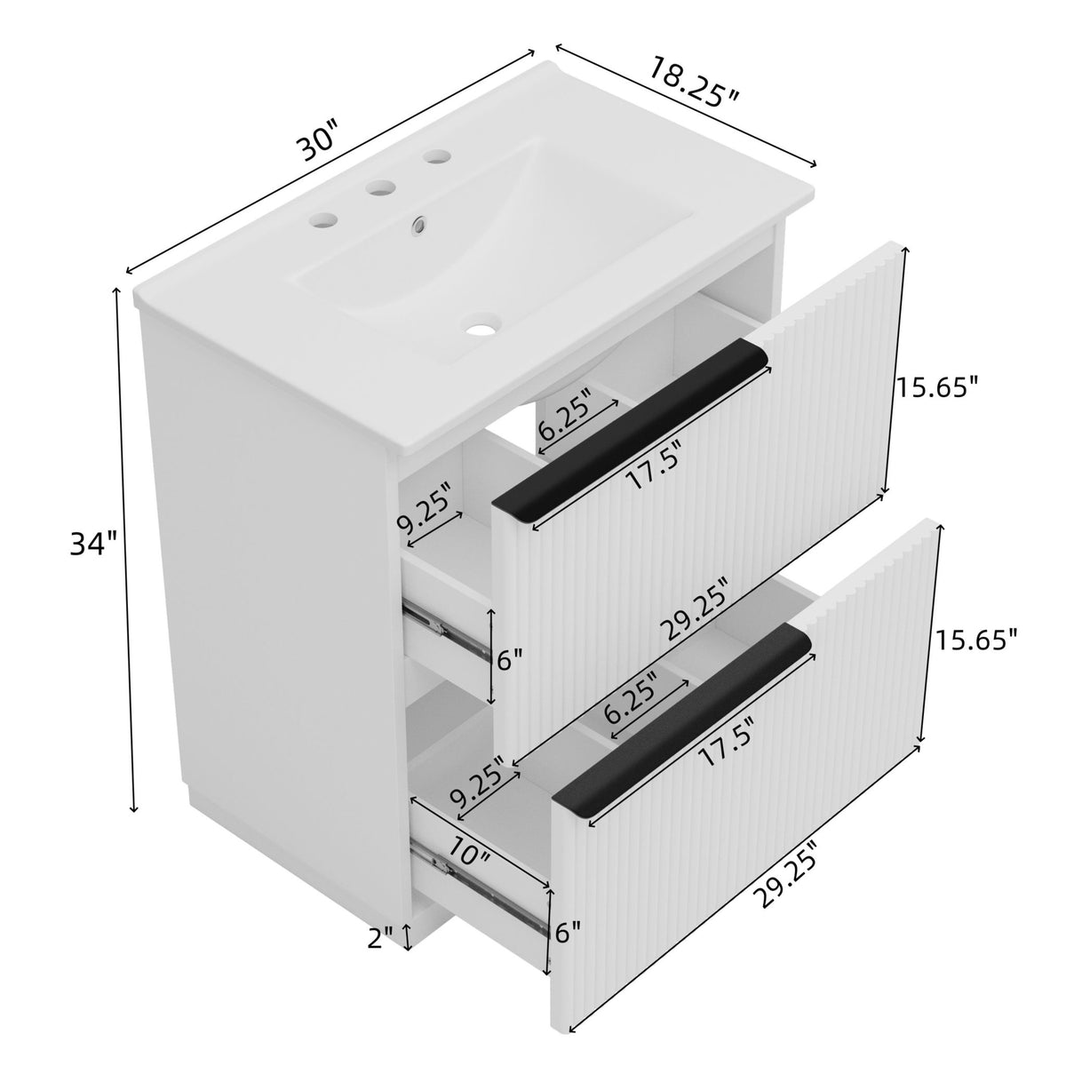 White fluted bathroom vanity with ceramic sink and side drawers, size with measurements