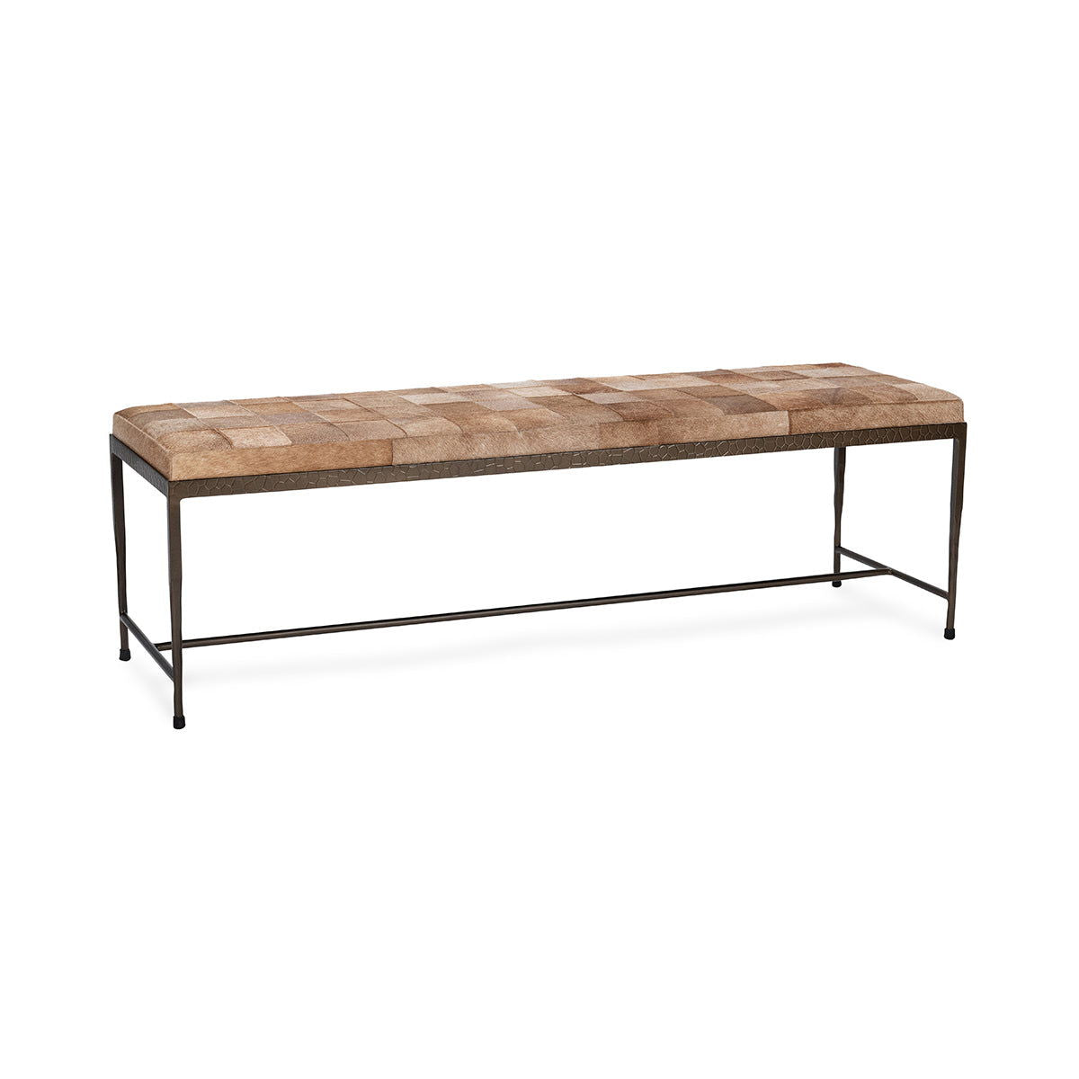60-inch hide bench with patchwork brown upholstery and black metal frame