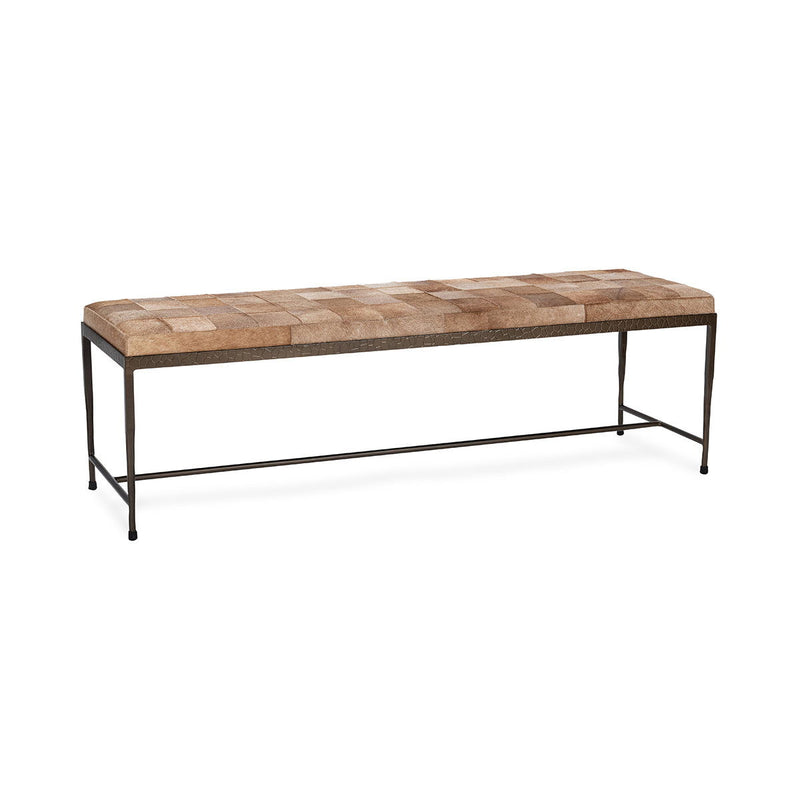 60-inch hide bench with patchwork brown upholstery and black metal frame