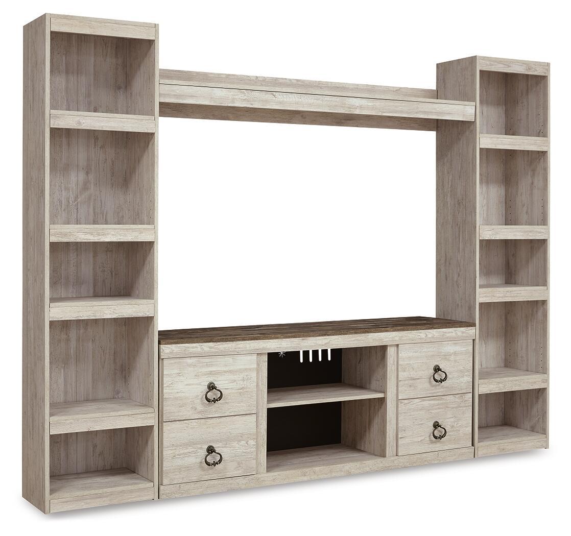 Whitewash 4-piece entertainment center with open shelves and cabinet doors