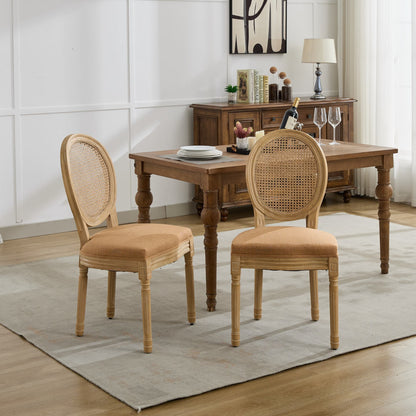 A&A Furniture,French Style Solid Wood Frame Antique Painting Linen Fabric Rattan Back Dining Chair,Set of 2,Tan