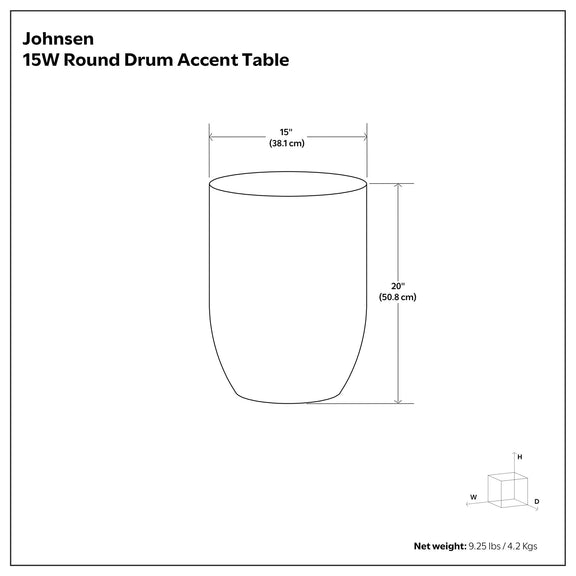 Round metal accent table size diagram: 15 in diameter, 20 in height.
