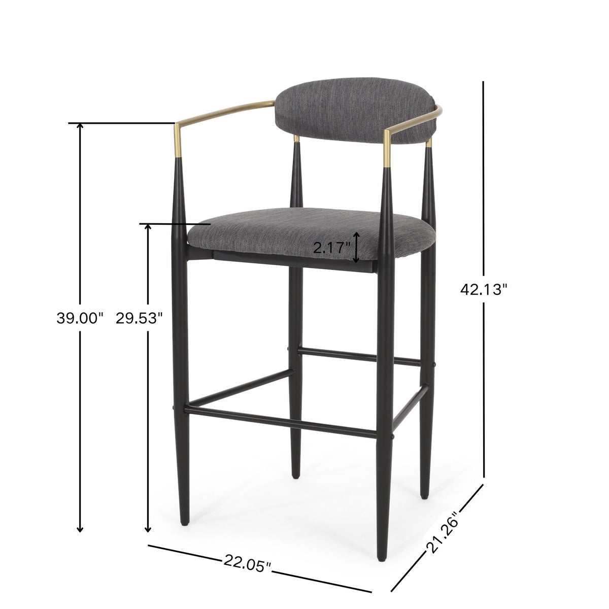 Charcoal upholstered bar stool with black metal frame, gold-tone arms and labeled seat and overall dimensions