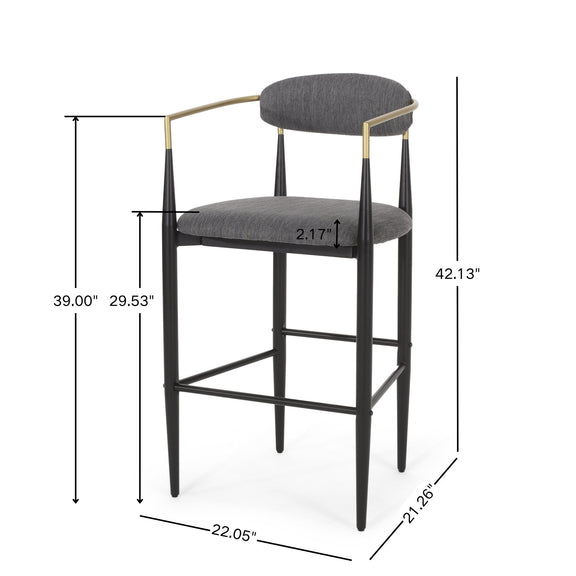 Charcoal upholstered bar stool with black metal frame, gold-tone arms and labeled seat and overall dimensions