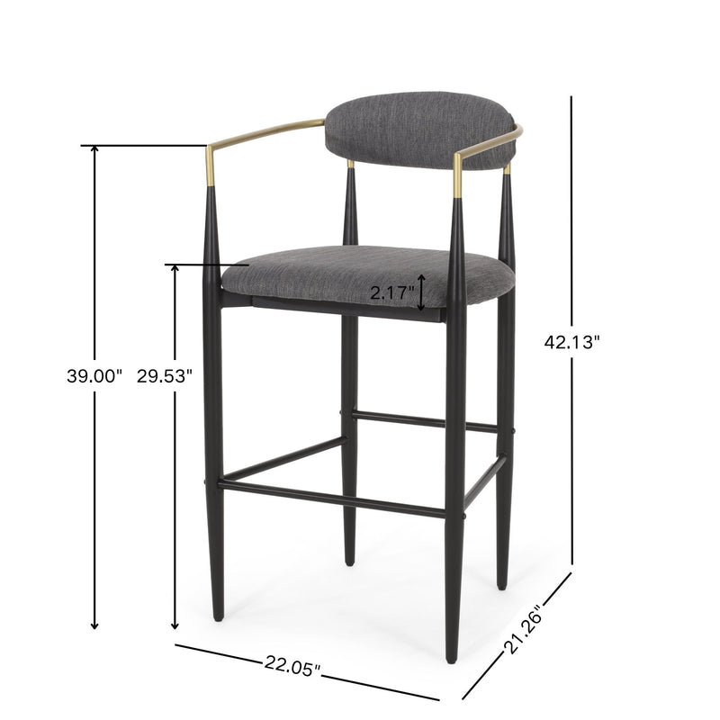 Charcoal upholstered bar stool with black metal frame, gold-tone arms and labeled seat and overall dimensions
