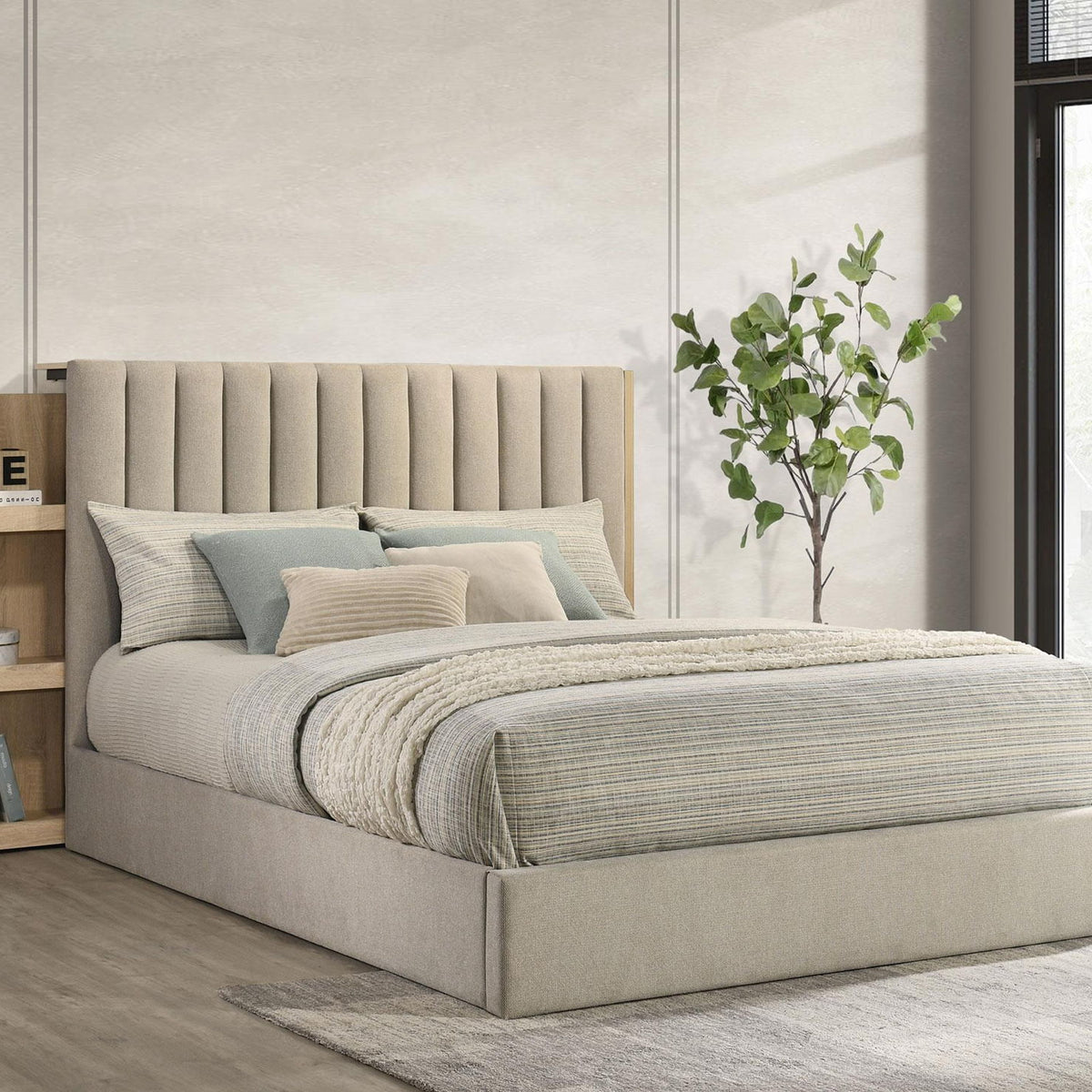 Arielle Queen Bookcase Panel Storage Bed Light Oak