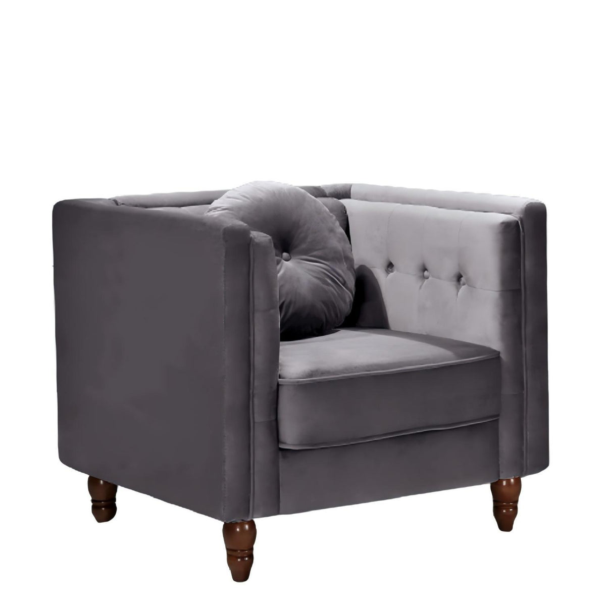 Gray tufted square-arm accent side chair with cushioned seat and rounded arms