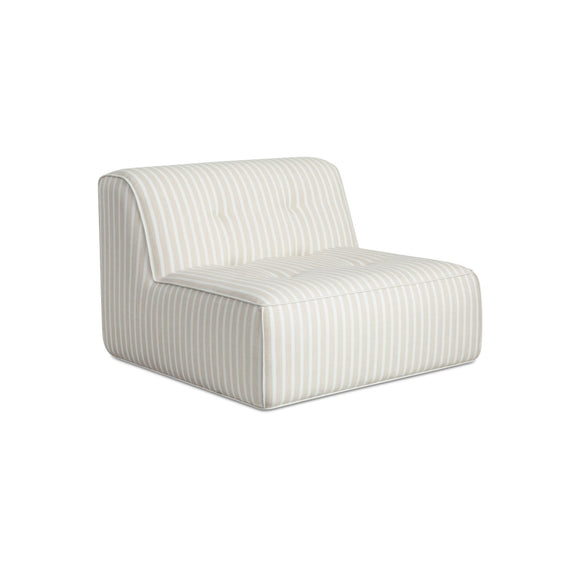 Striped outdoor lounge chair with rolled arms and cushioned seat, light brown and white