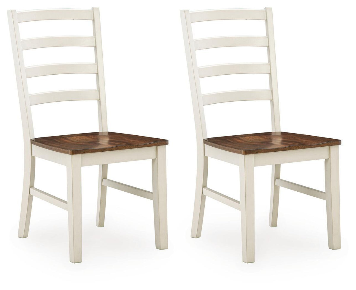Dining side chair set of 2 with antique white frame and brown wood seat, slatted back