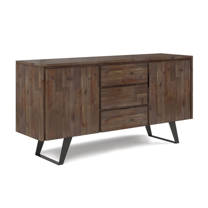 Dark brown wood sideboard buffet with cabinet doors and stacked drawers, angled legs