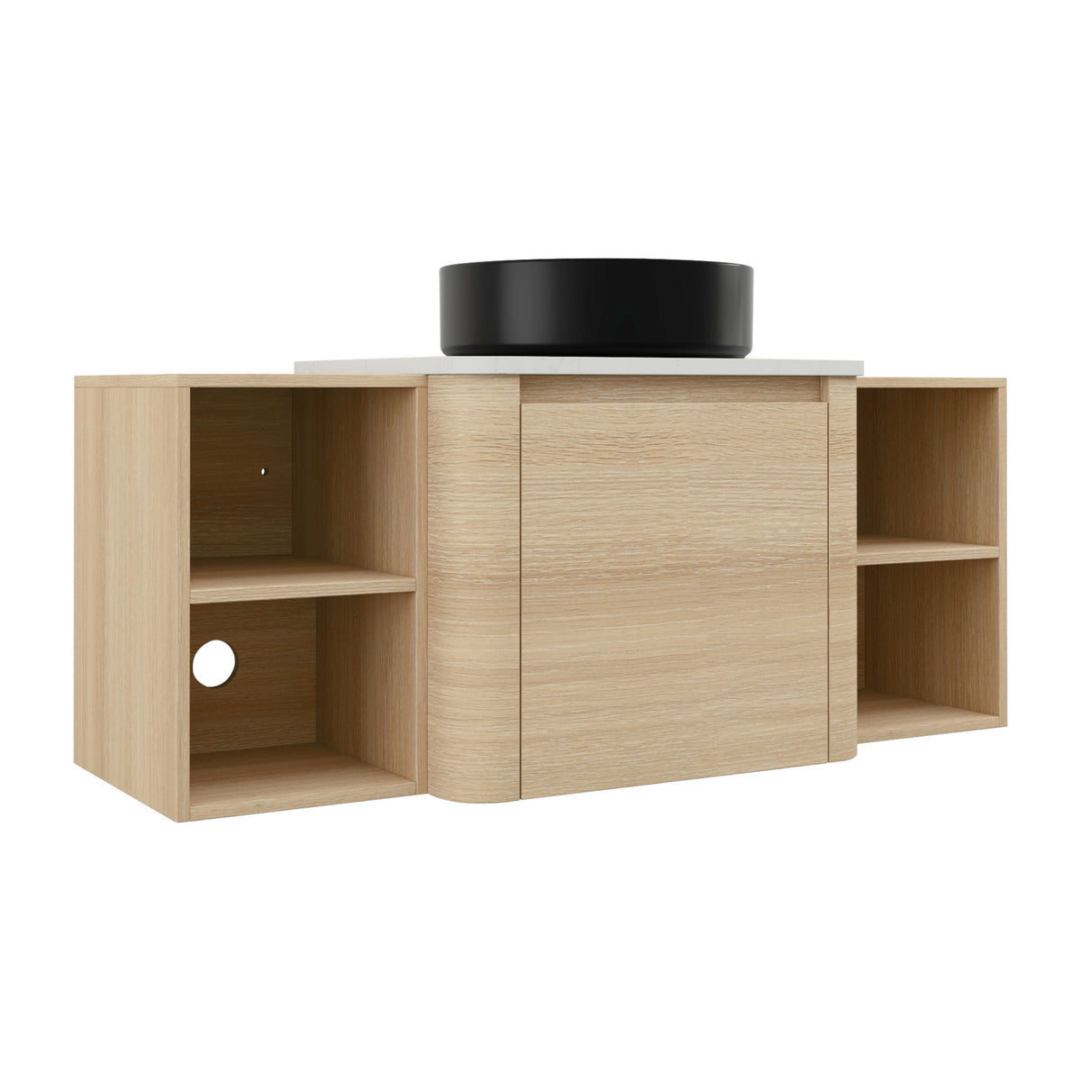 Mounted bathroom vanity with black countertop, round black sink, central cabinet door