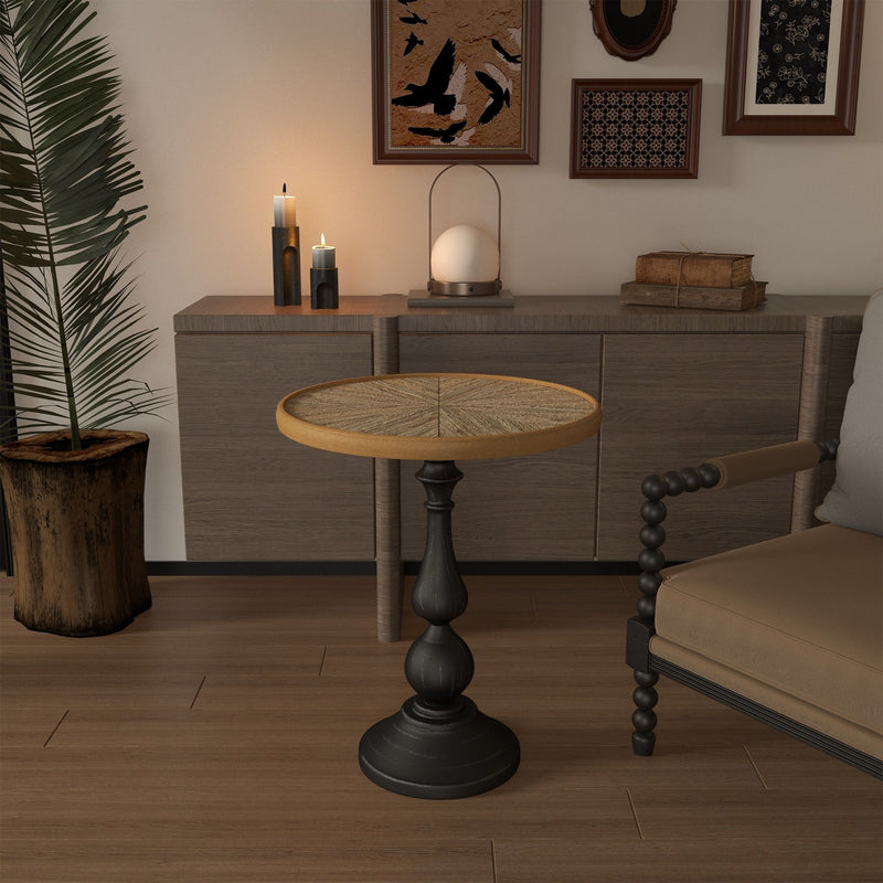 Round end table with natural wood round top on dark pedestal base