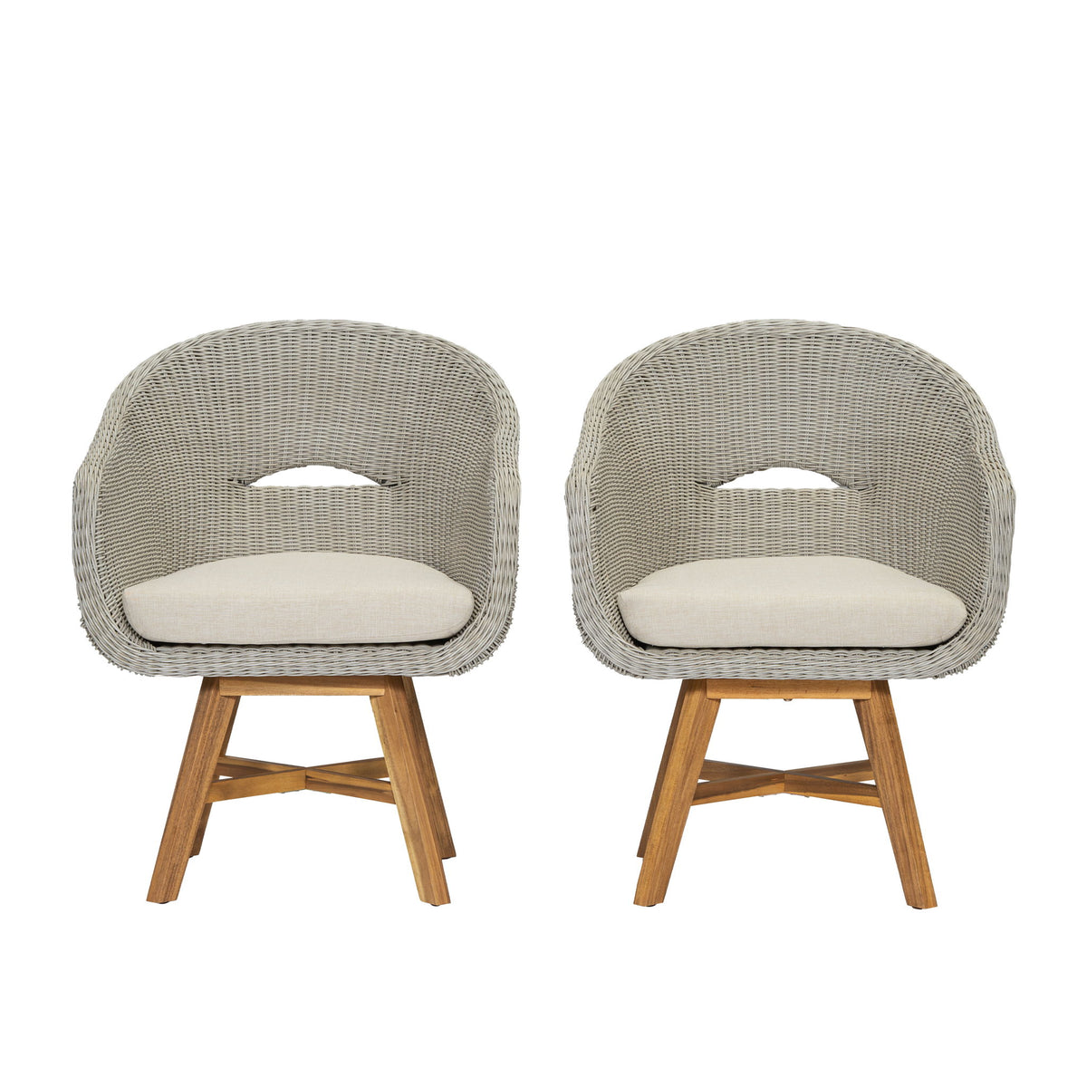 Modern Coastal Rattan Dining Chairs, (Set of 2), Solid Wood Legs - Beige