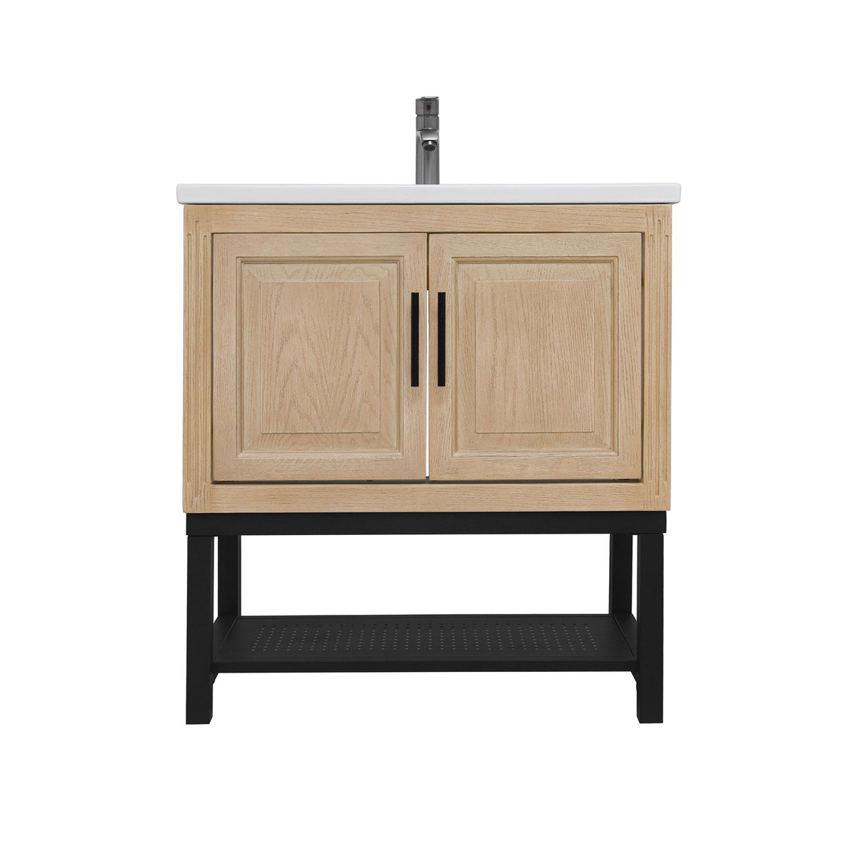 Modern Freestanding Bathroom Vanity With Ceramic Sink, Hot And Cold Faucet, Storage Cabinet & Open Shelf