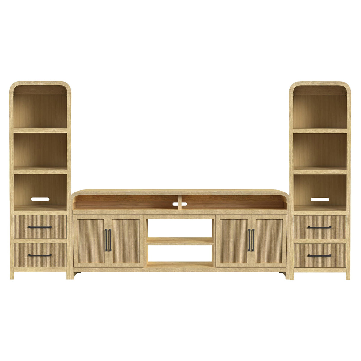 Light brown 3-piece entertainment unit with open shelves, drawers, and TV console base