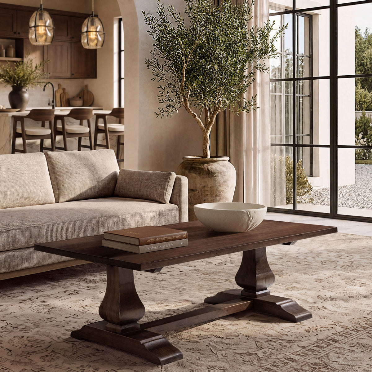 Dark brown rectangular coffee table with pedestal base and lower shelf