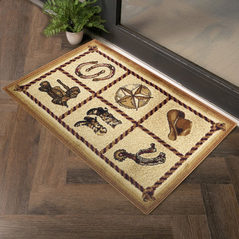 Beige southwest area rug with square wildlife and star motifs, dark-trim border