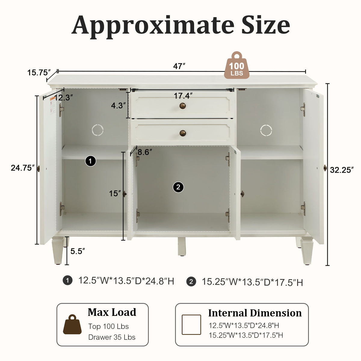 Sideboard cabinet with doors open, showing shelves and interior dimensions