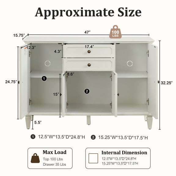 Sideboard cabinet with doors open, showing shelves and interior dimensions