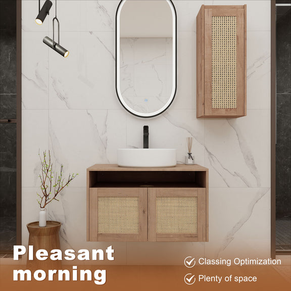 Floating bathroom vanity with white vessel sink and side cabinet, wood-tone base, rattan doors