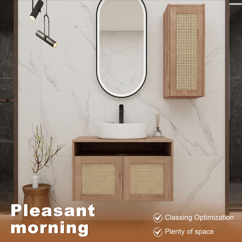 Floating bathroom vanity with white vessel sink and side cabinet, wood-tone base, rattan doors