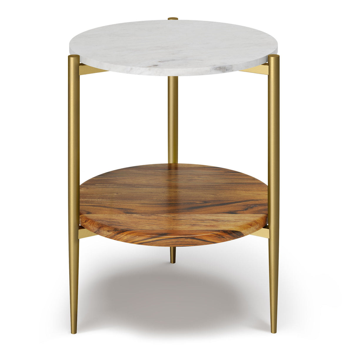 Round marble-top side table with wood lower shelf and gold metal frame