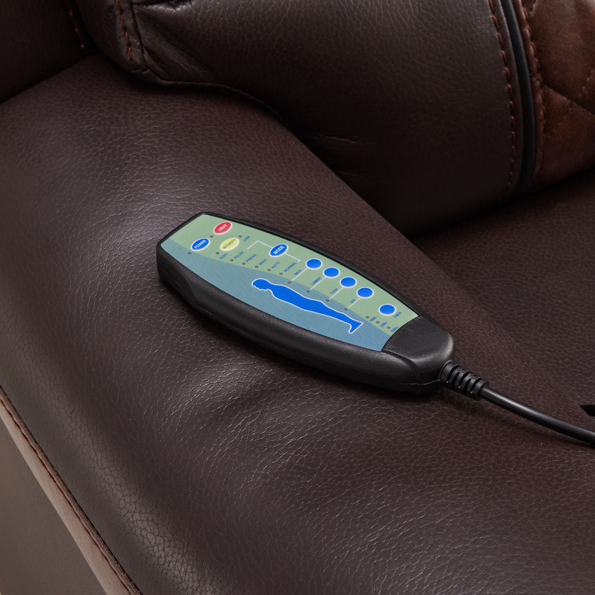 Brown heated massage recliner remote control on armrest