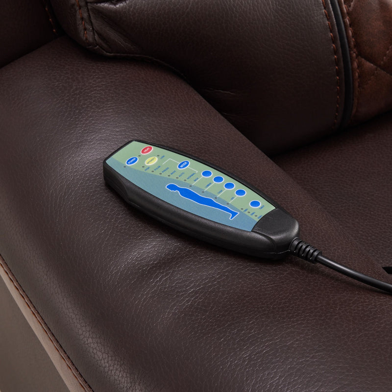 Brown heated massage recliner remote control on armrest