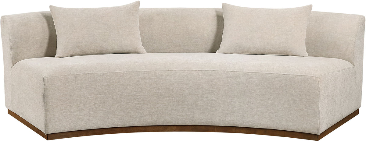 Beige chenille upholstered sofa with two back cushions and angled arms