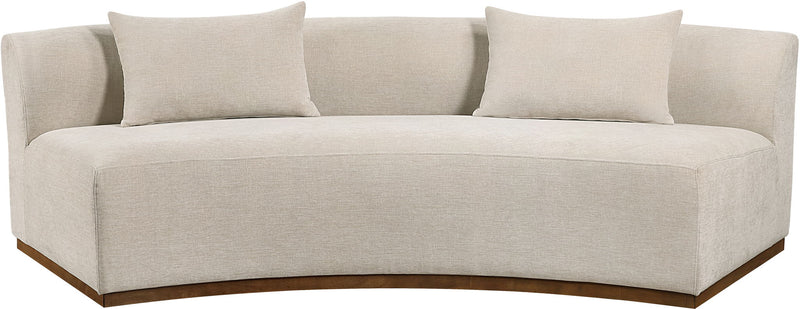 Beige chenille upholstered sofa with two back cushions and angled arms