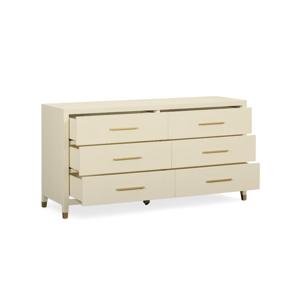 Cream faux shagreen 6-drawer dresser with gold bar pulls; top drawer slightly open