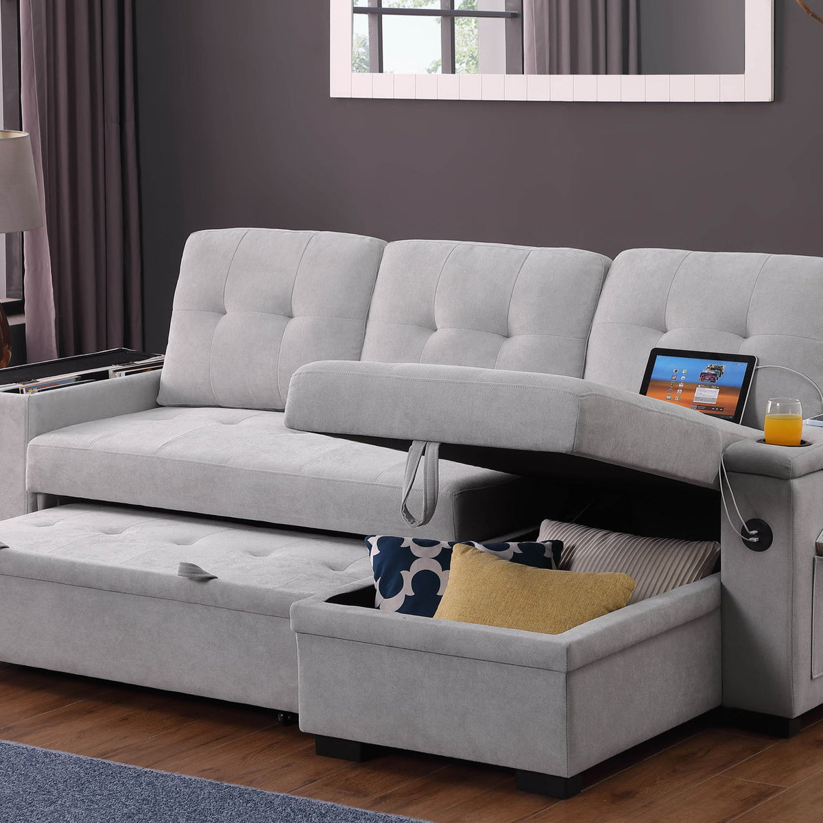 Ashlyn II - 84"W Woven Fabric Reversible Sleeper Sectional Sofa with Storage Chaise
