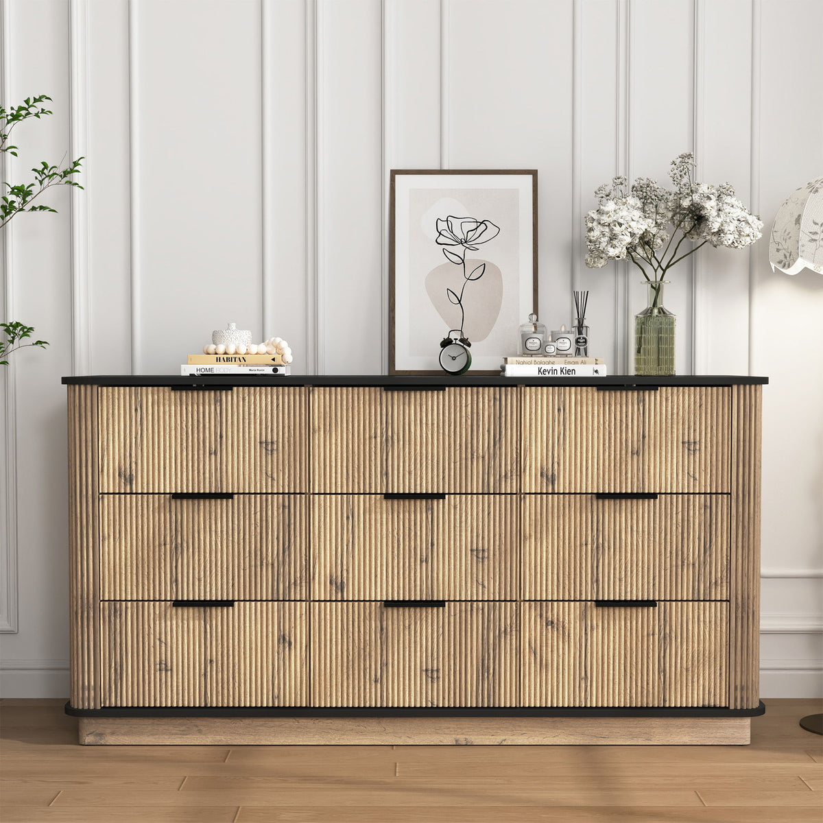 Modern 9 Drawer Cabinet With Metal Rounded Corners Multi Functional Storage - Black