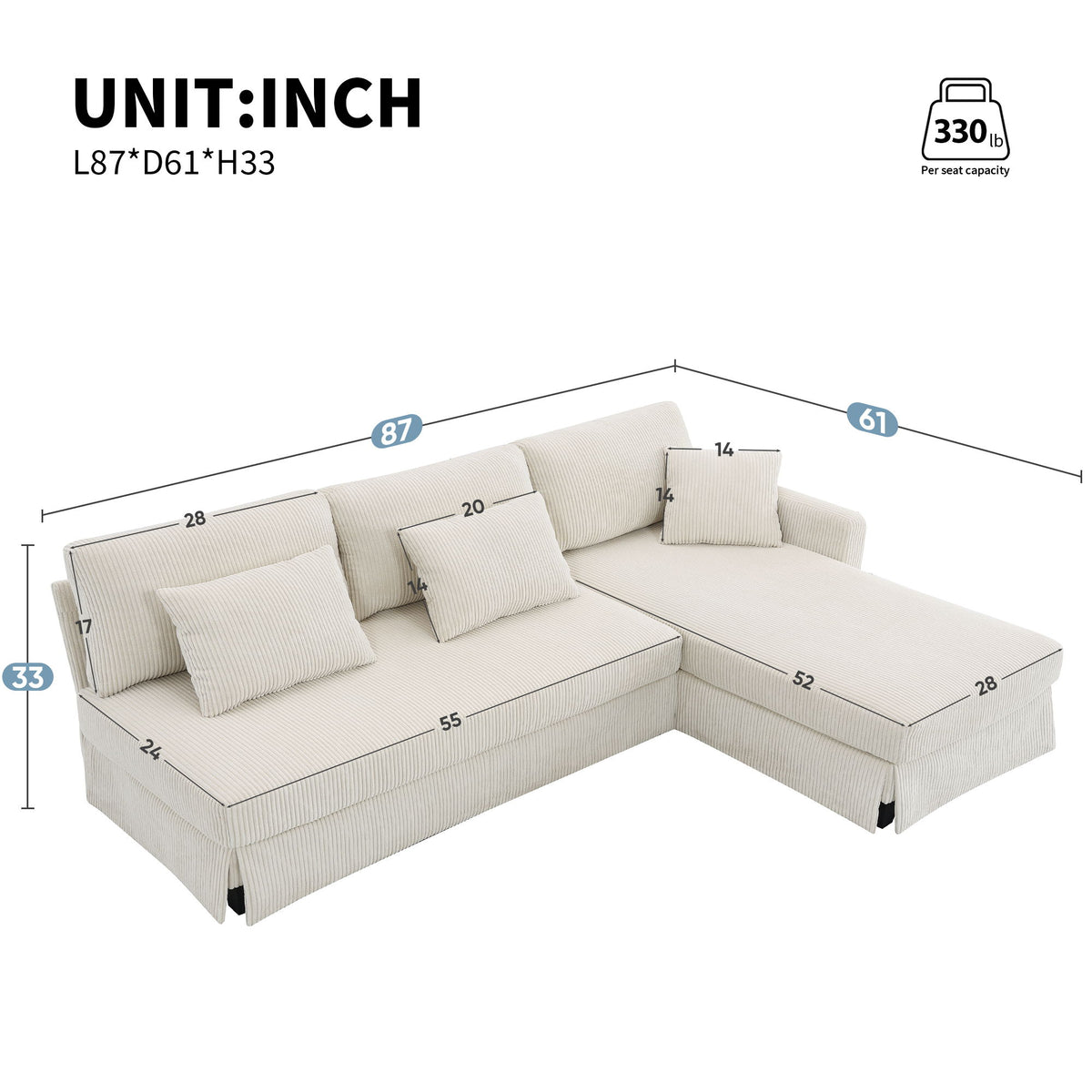 Modern L-Shaped Corduroy Sofa With Reversible Chaise, 4-Seat Upholstered Sectional Indoor Furniture, Convertible Sleeper Couch With Pillows For Living Room, Apartment