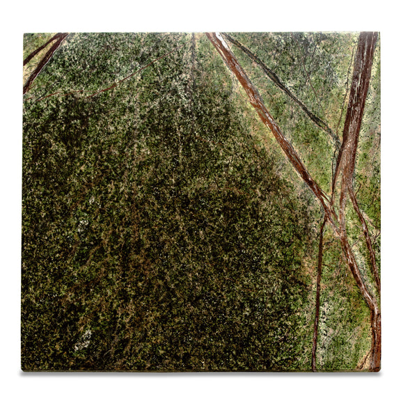 Green marble tabletop panel close-up with speckled texture and brown veining