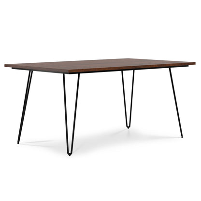 Dark brown handcrafted rectangular dining table with black metal tapered legs