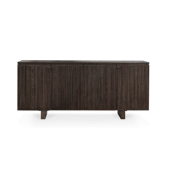 Roya cabinet, toasted brown, front with vertical slat doors and four-legged base