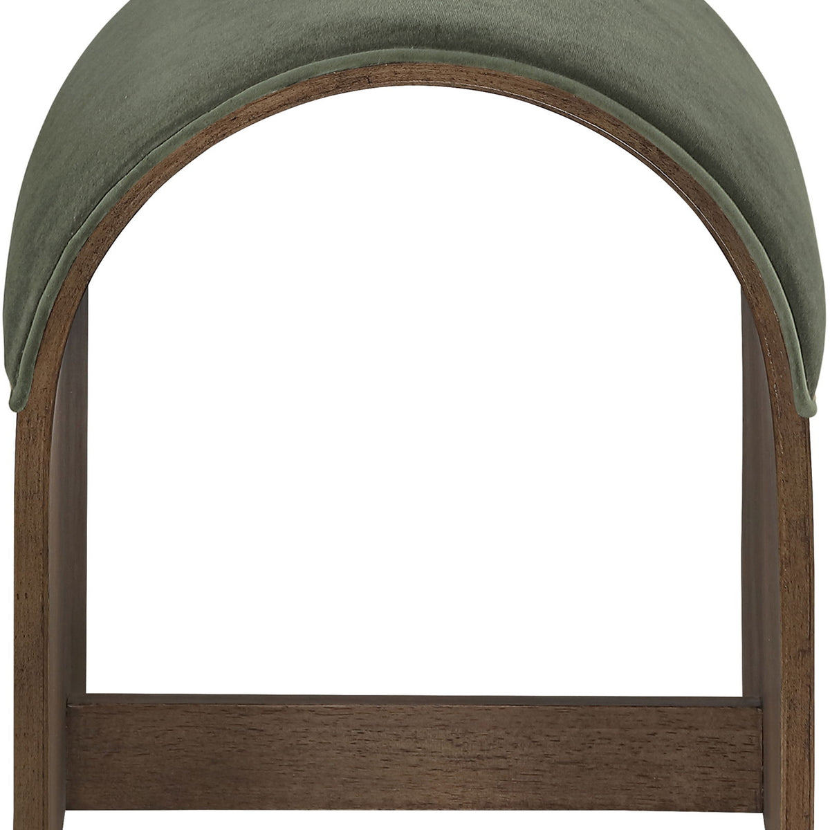 Sable velvet bench with arched ends, dark green seat cushion, and wood legs.