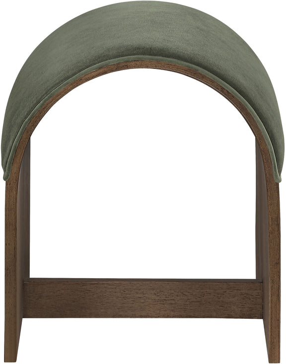 Sable velvet bench with arched ends, dark green seat cushion, and wood legs.