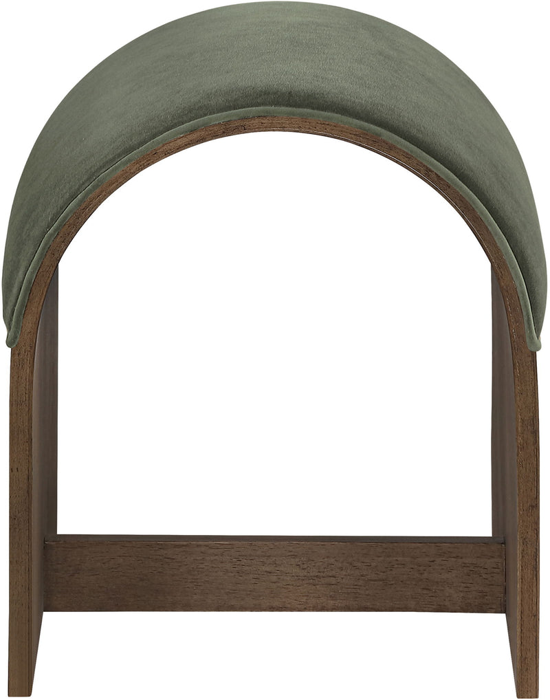 Sable velvet bench with arched ends, dark green seat cushion, and wood legs.