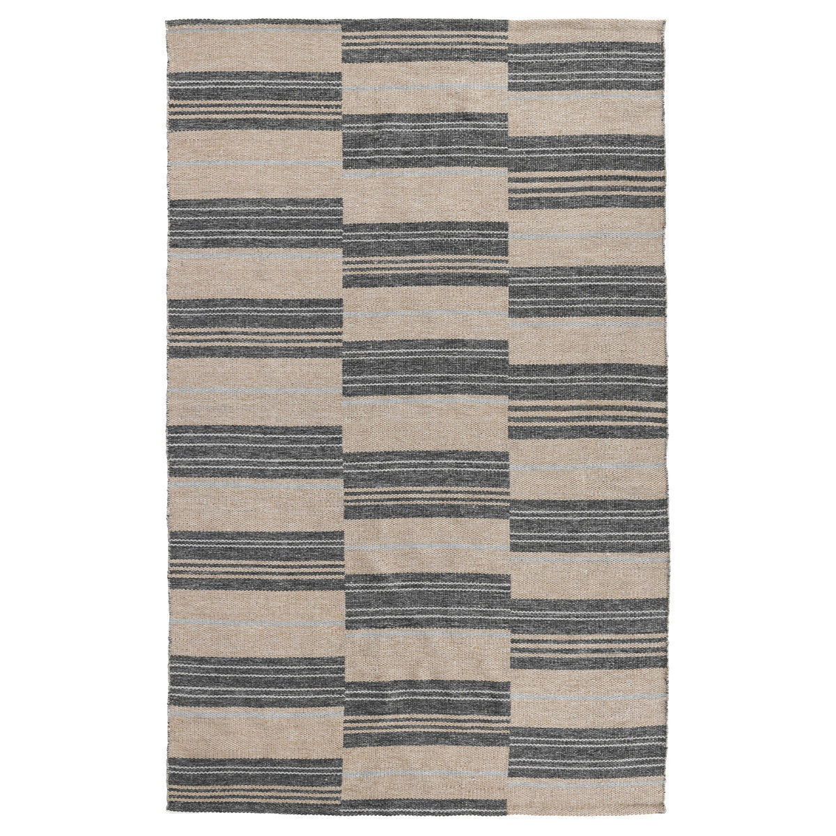 Indoor/outdoor striped patchwork rug with taupe, beige, and dark gray block pattern