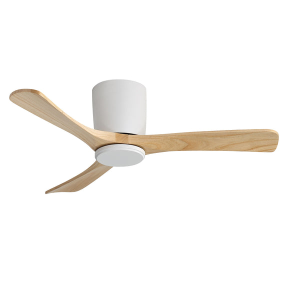 Ceiling flush mount fan with three angled light wood blades and white motor housing.