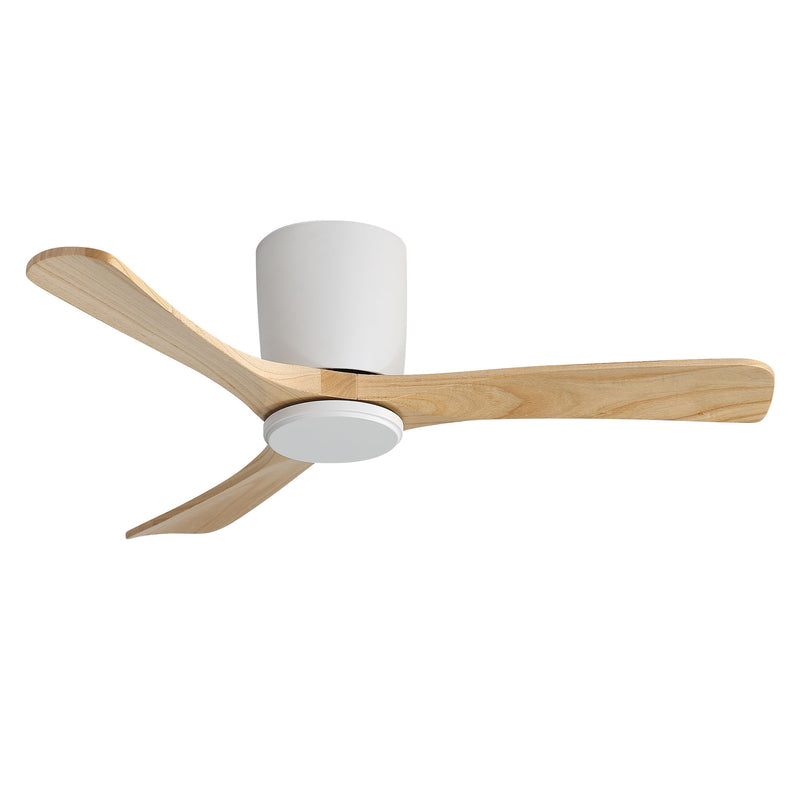 Ceiling flush mount fan with three angled light wood blades and white motor housing.
