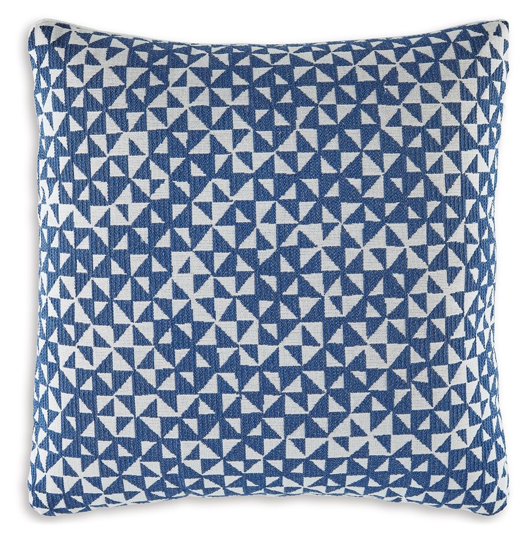 Blue and white geometric square throw pillow with textured fabric cover