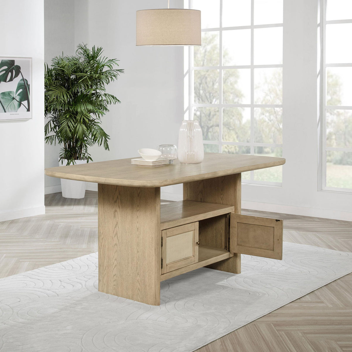 Kailani Cane Counter Height Storage Dining Table Beige Oak