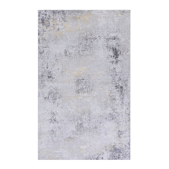 Washable light gray area rug with subtle yellow and gray distressed texture, square