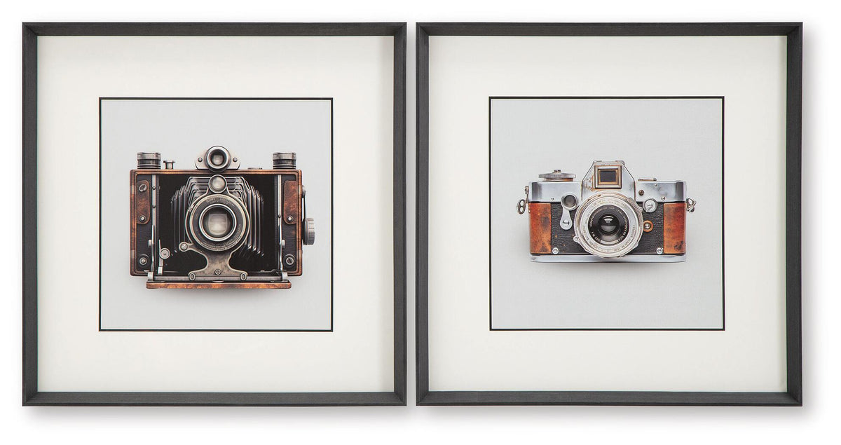 Set of 2 framed vintage camera wall prints in black, white, and brown