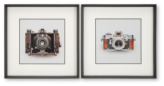 Set of 2 framed vintage camera wall prints in black, white, and brown